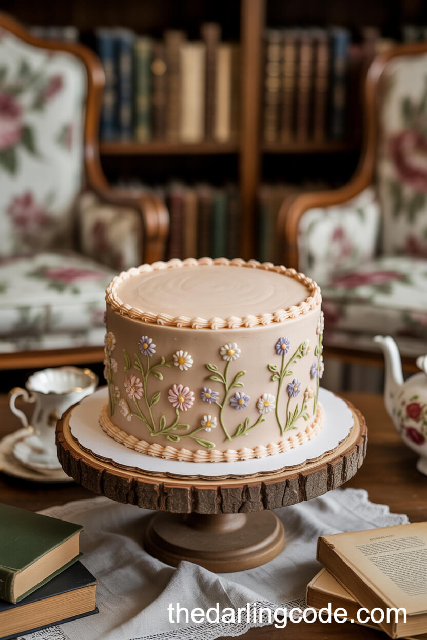 Buttercream Embroidered Cake with Vintage Floral Samplers
