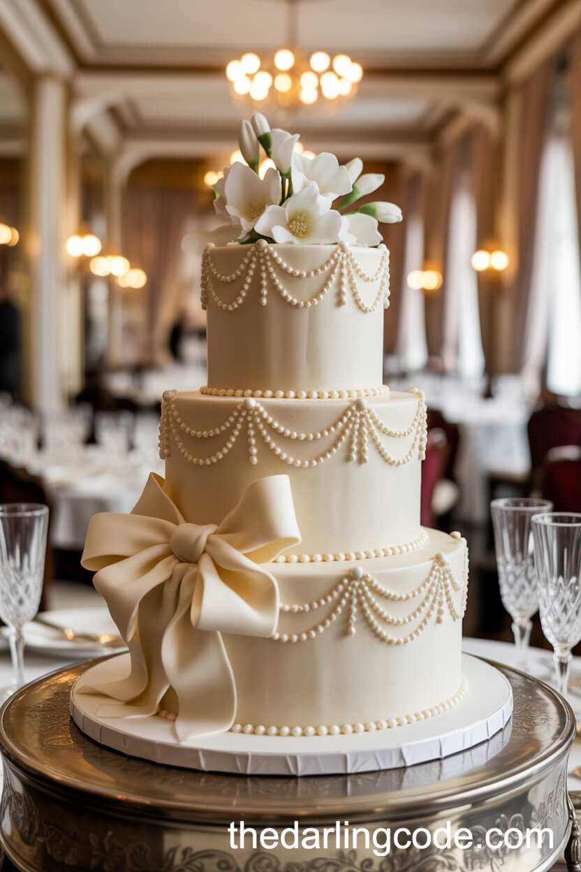 Old Hollywood Cake with Edible Pearl Strings and Sugar Bows
