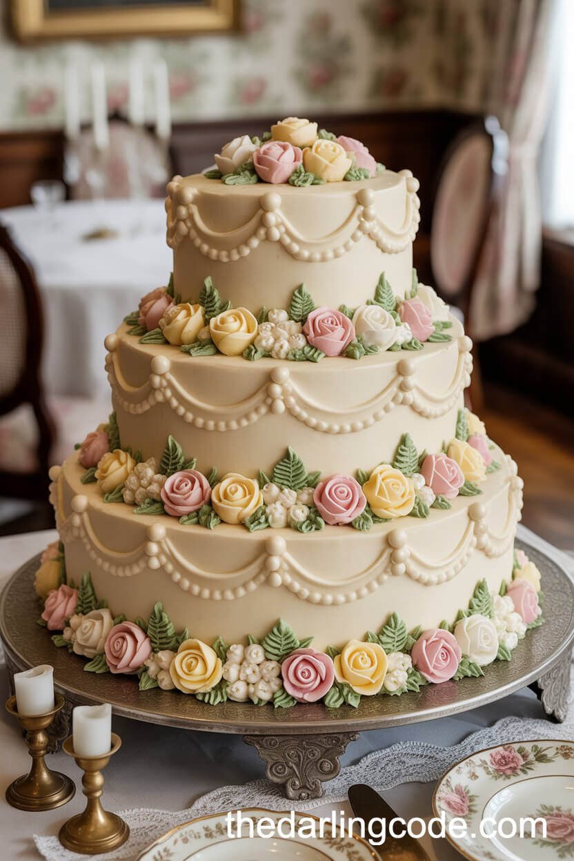 Classic Buttercream Cake with Intricate Swags and Piped Garden Roses