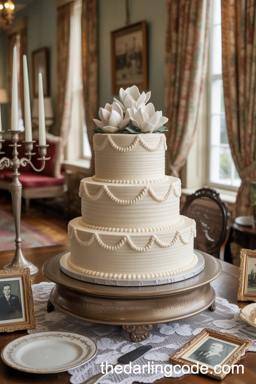 Southern-Style Cake with Sugar Magnolias and Scrollwork