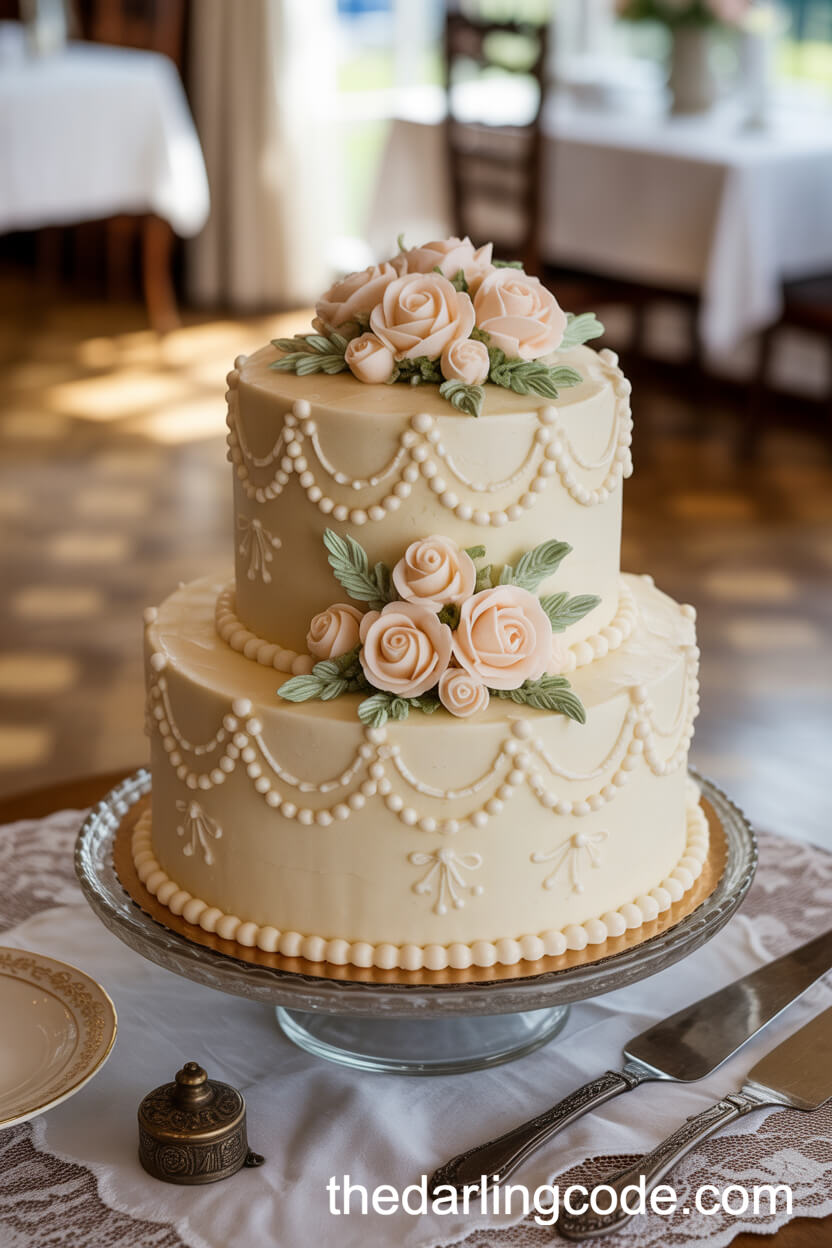 Ivory Fondant Cake with Lace Piping, Pastel Roses, and Pearl Borders