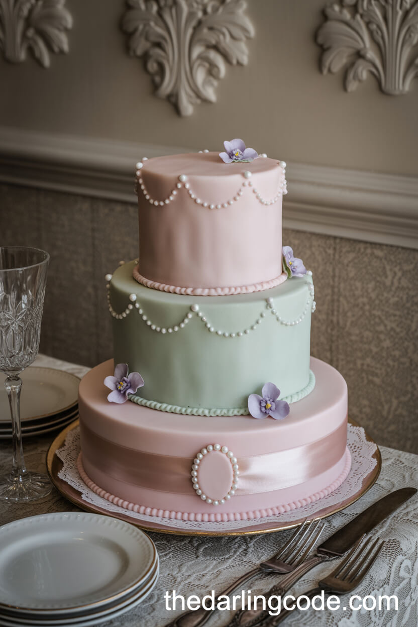 Pastel Pink and Mint Cake with Edible Brooch and Sugared Violets