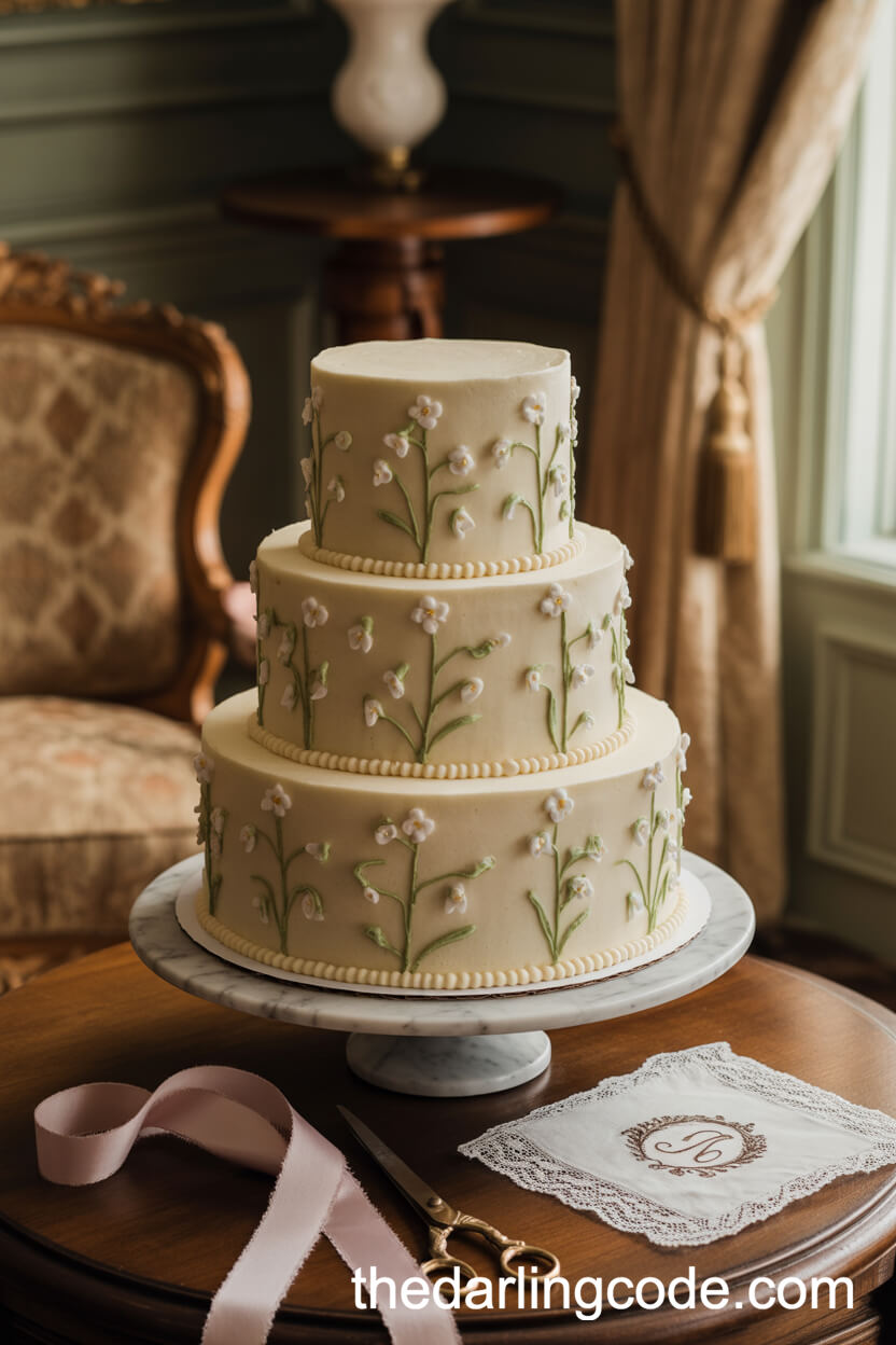 Victorian Needlework Cake with Forget-Me-Nots and Ruffled Borders