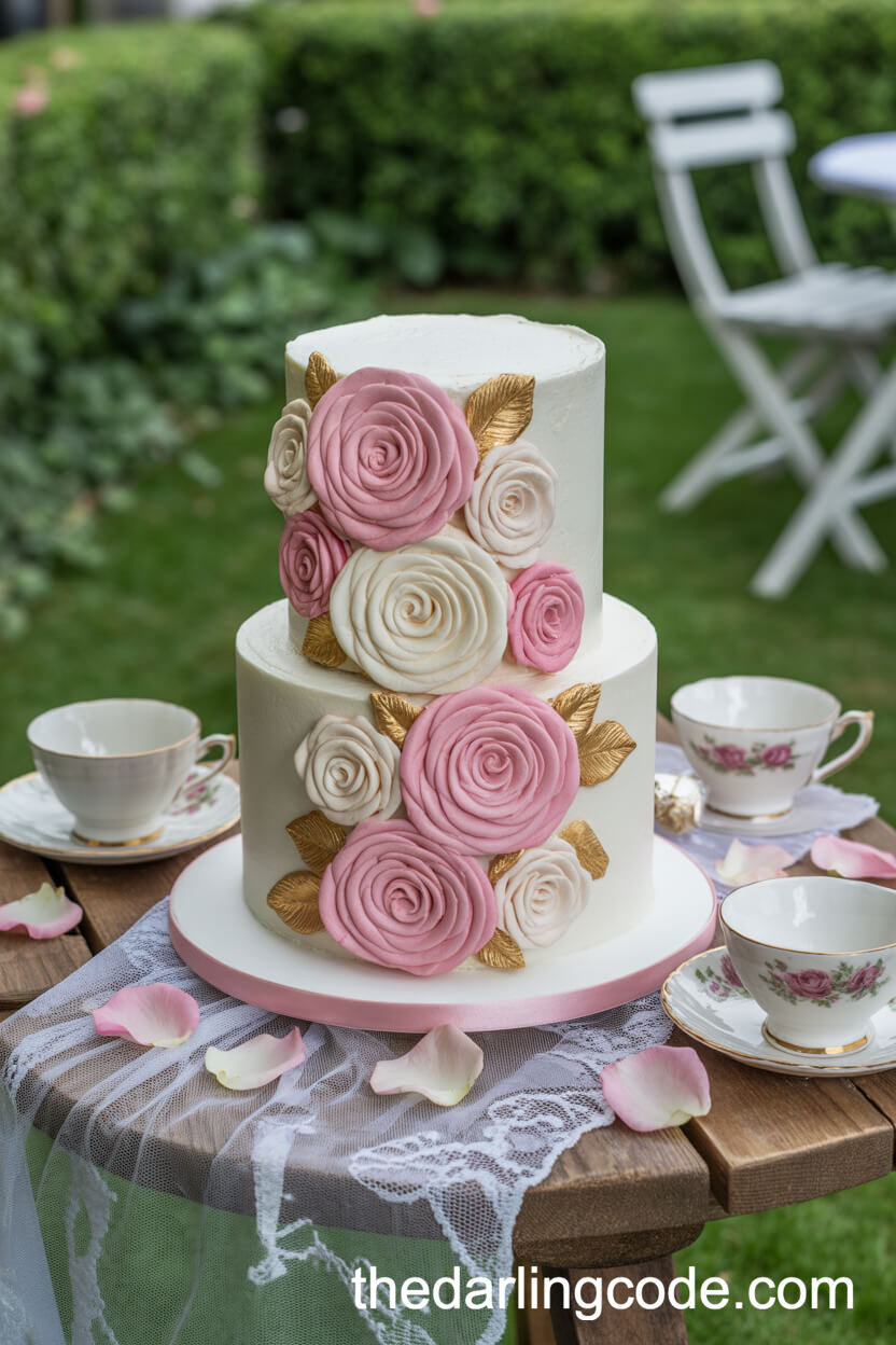 Victorian-Inspired Cake with Hand-Painted Roses and Gold Accents