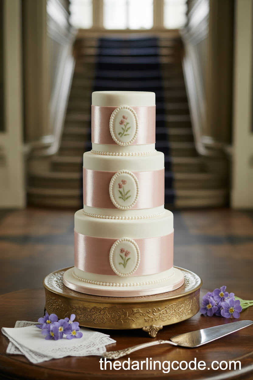Tall Cake with Velvet Ribbons, Fondant Brooches, and Pearl Borders