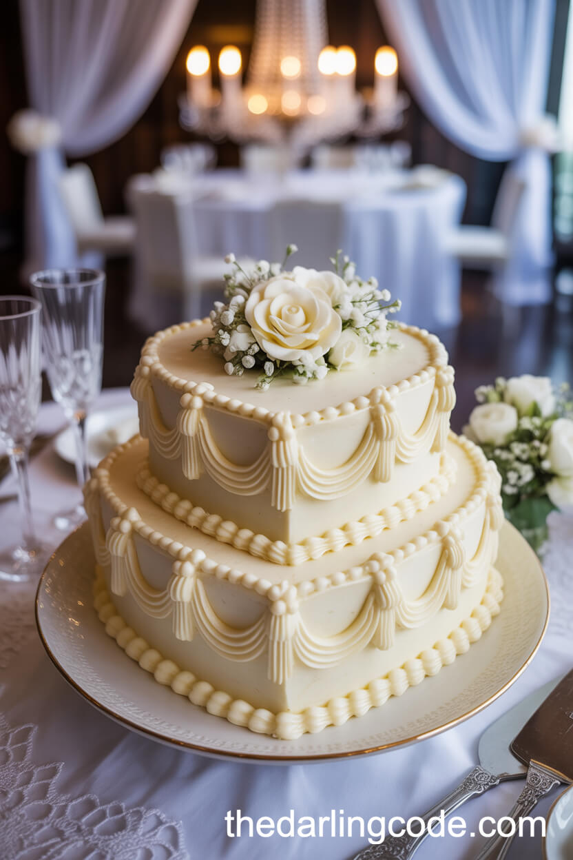 Heart-Shaped Royal Icing Cake with White Buttercream Roses