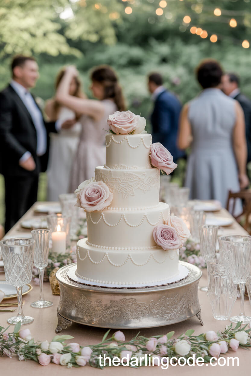 White Three-Tier Cake with Edible Lace and Blush Roses