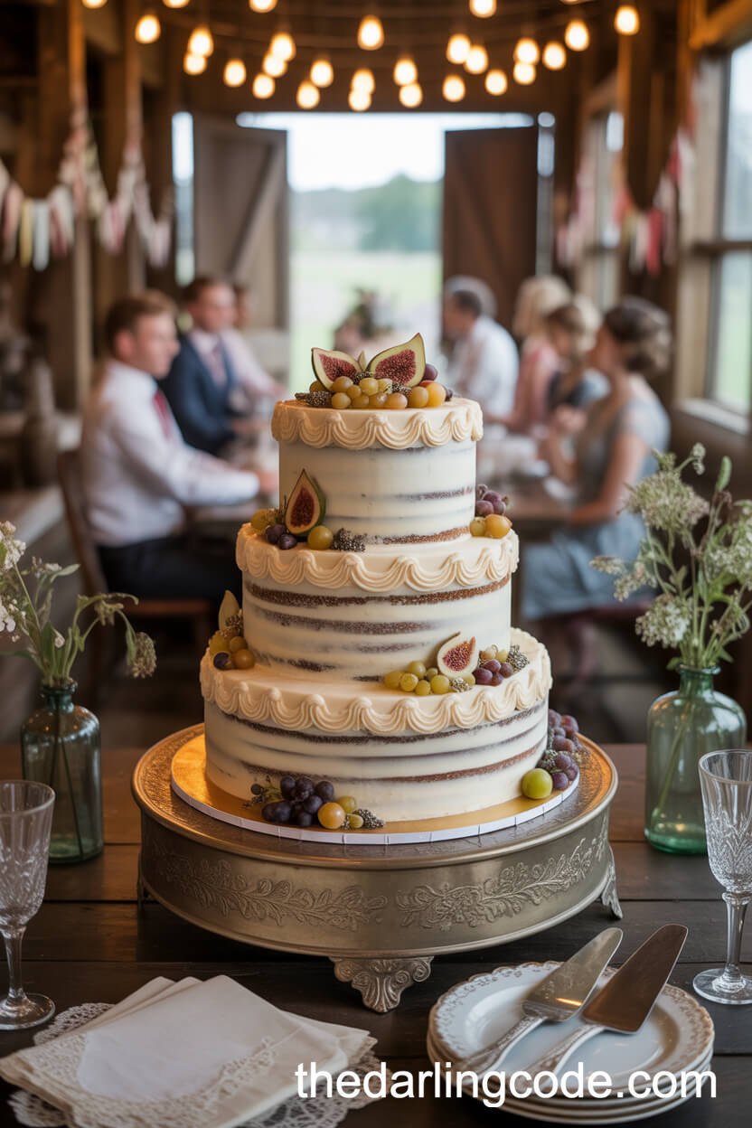 Semi-Naked Cake with Buttercream Swags, Edible Flowers, and Sugared Fruit