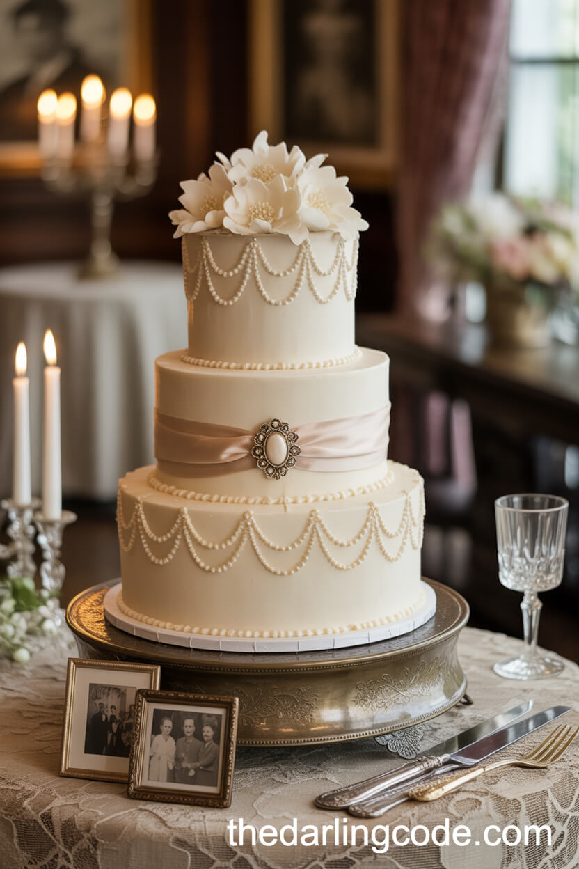 Ivory Buttercream Cake with Pearl Garlands and Vintage Filigree