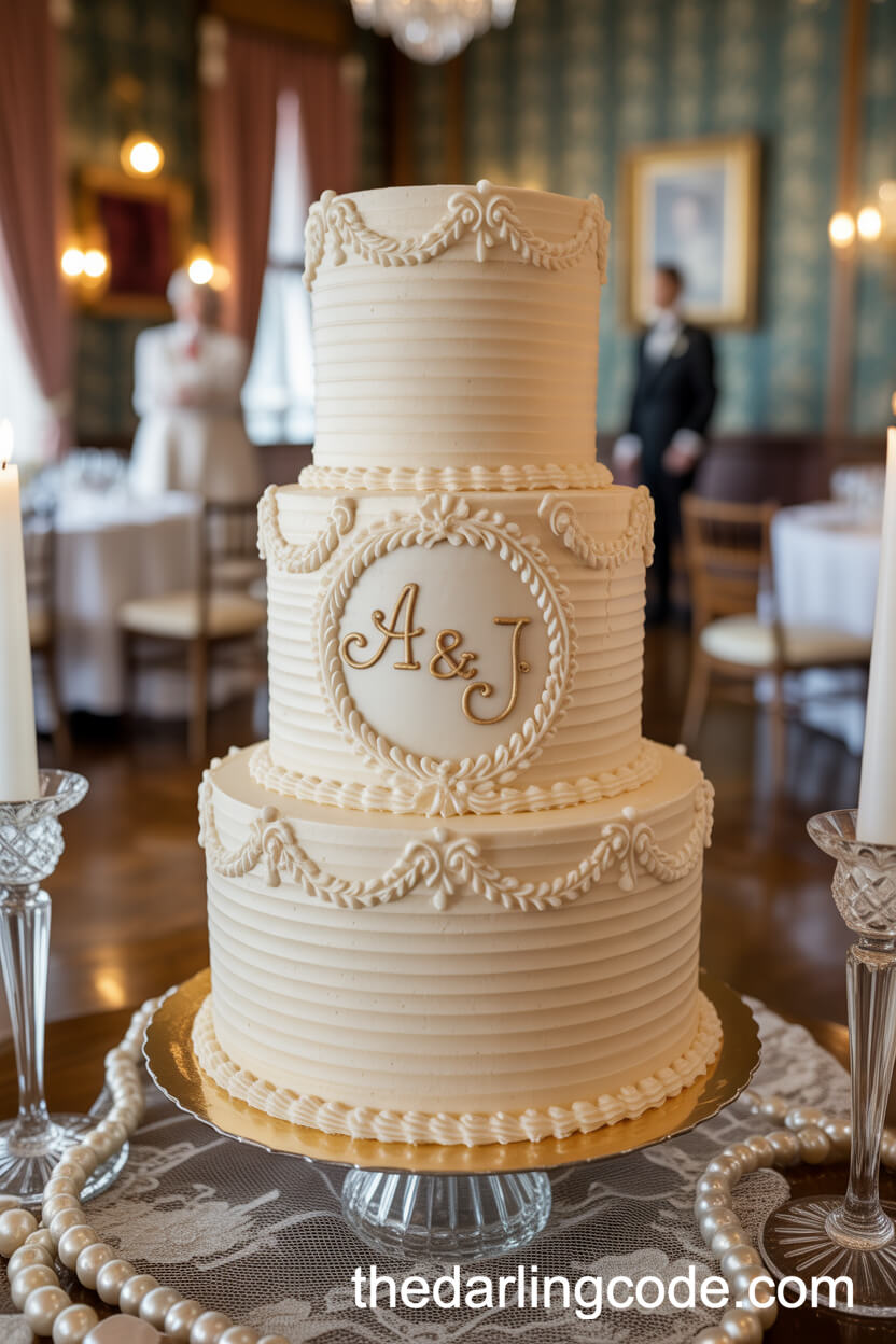 Cream Fondant Cake with Lace Scrollwork and Monogram Cameo