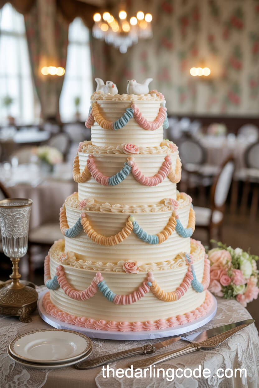 1950s American Wedding Cake with Pastel Ruffles and Buttercream Roses