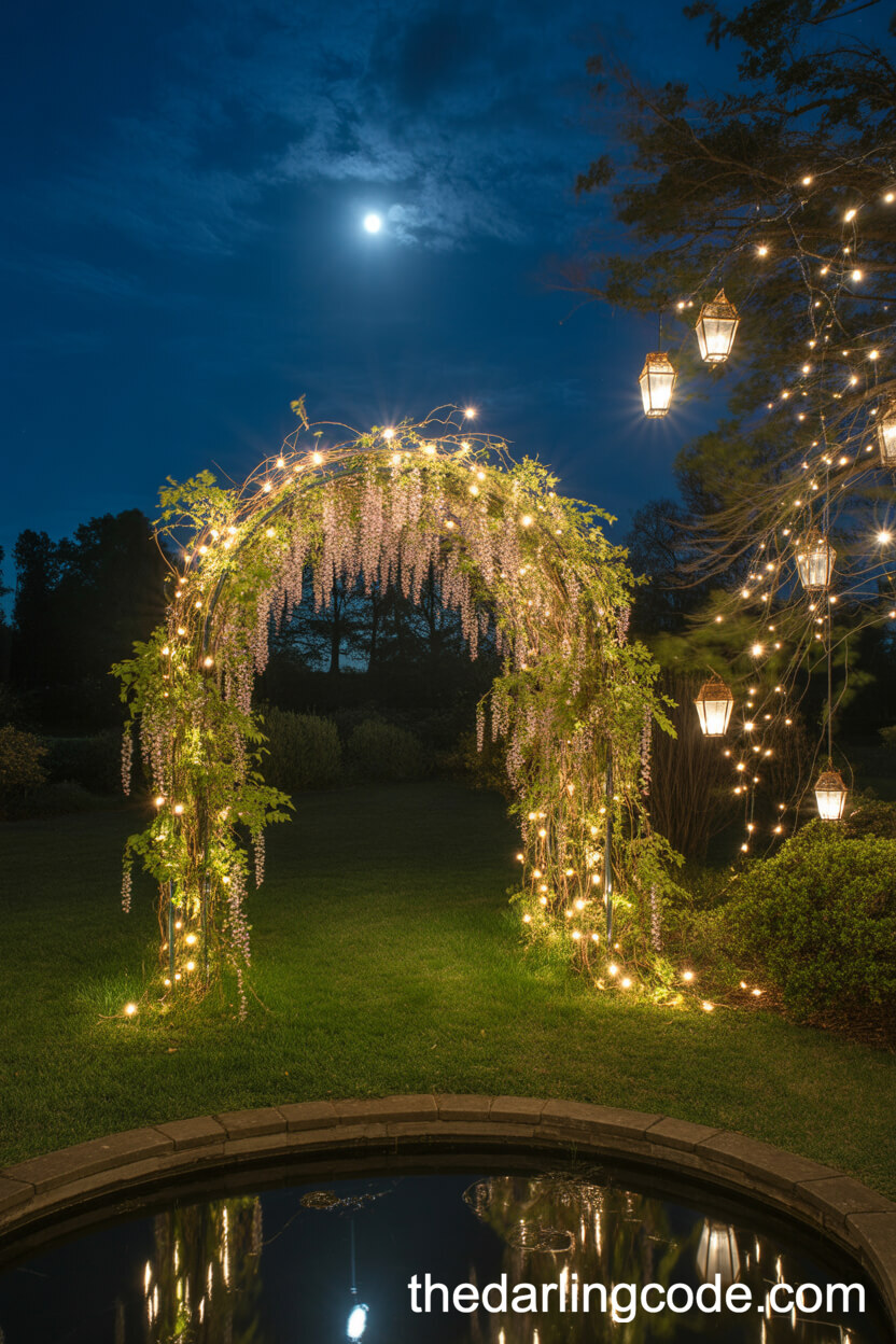 Wisteria And Fairy Light Arch For A Nighttime Garden Ceremony