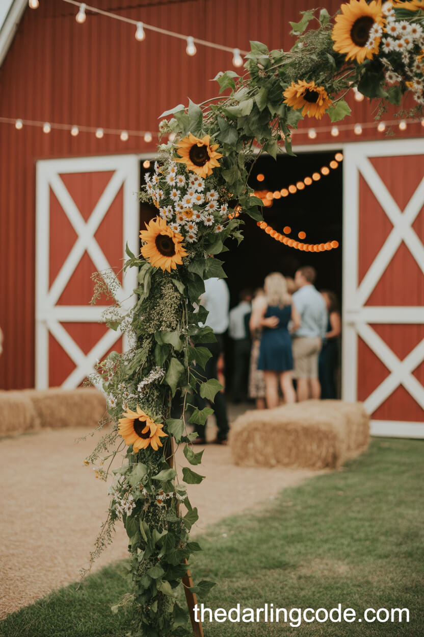 Rustic Sunflower And Daisy Arch In Front Of A Barn