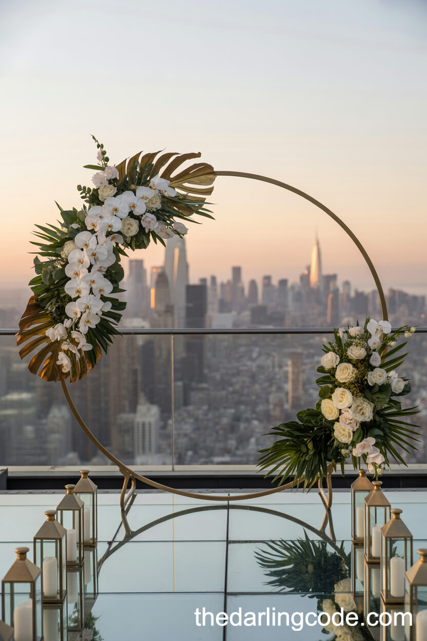 Modern Circular Arch With White Orchids And Gold Leaves