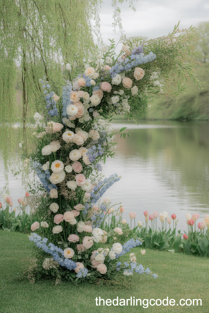 Pastel Ranunculus And Delphinium Arch By A Lakeside