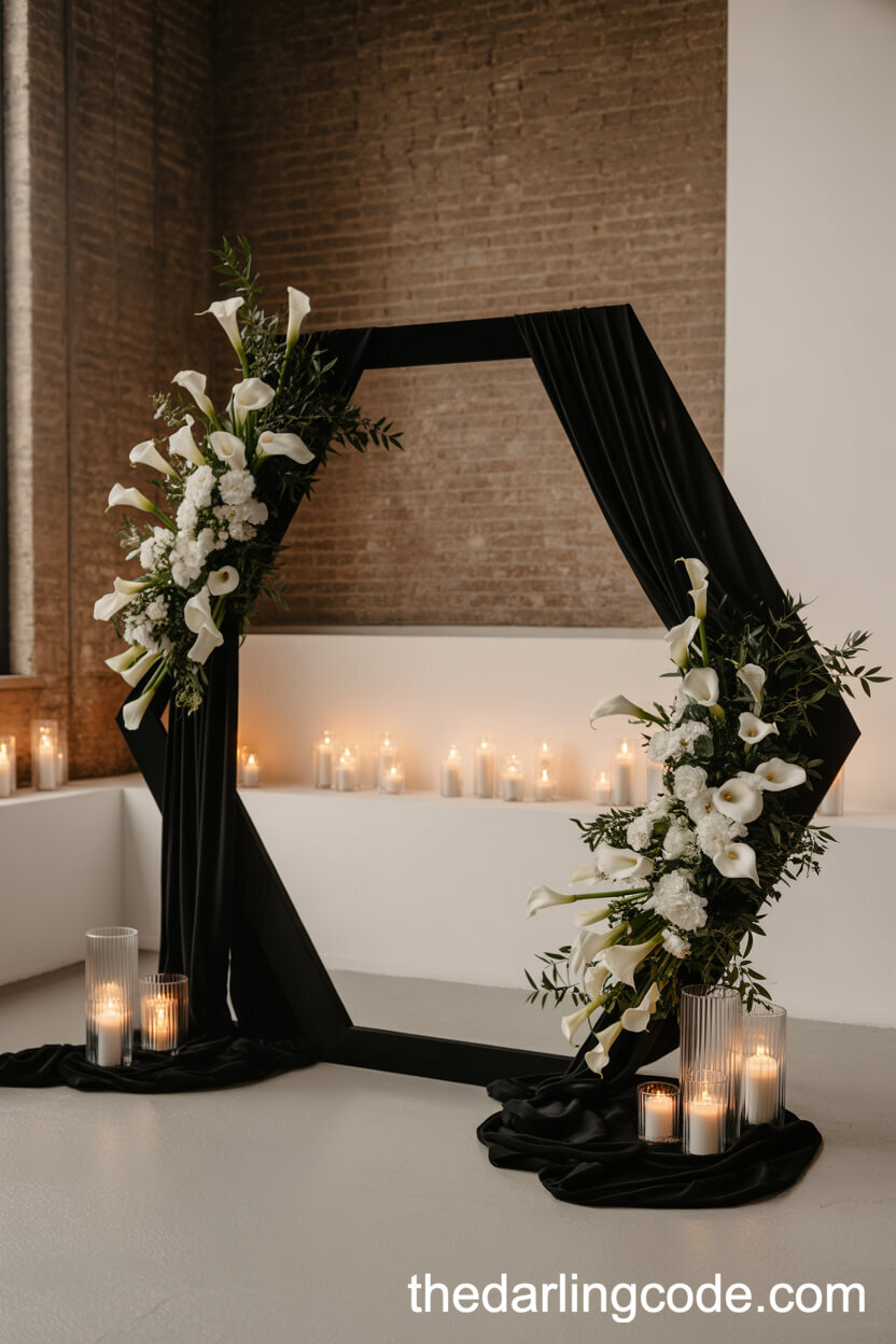 Minimalist Hexagon Arch With Velvet And Calla Lilies