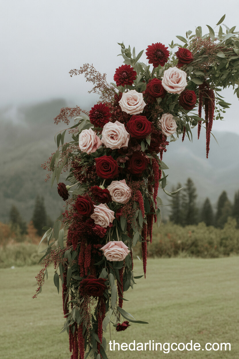 Burgundy And Blush Floral Arch On A Misty Mountainside