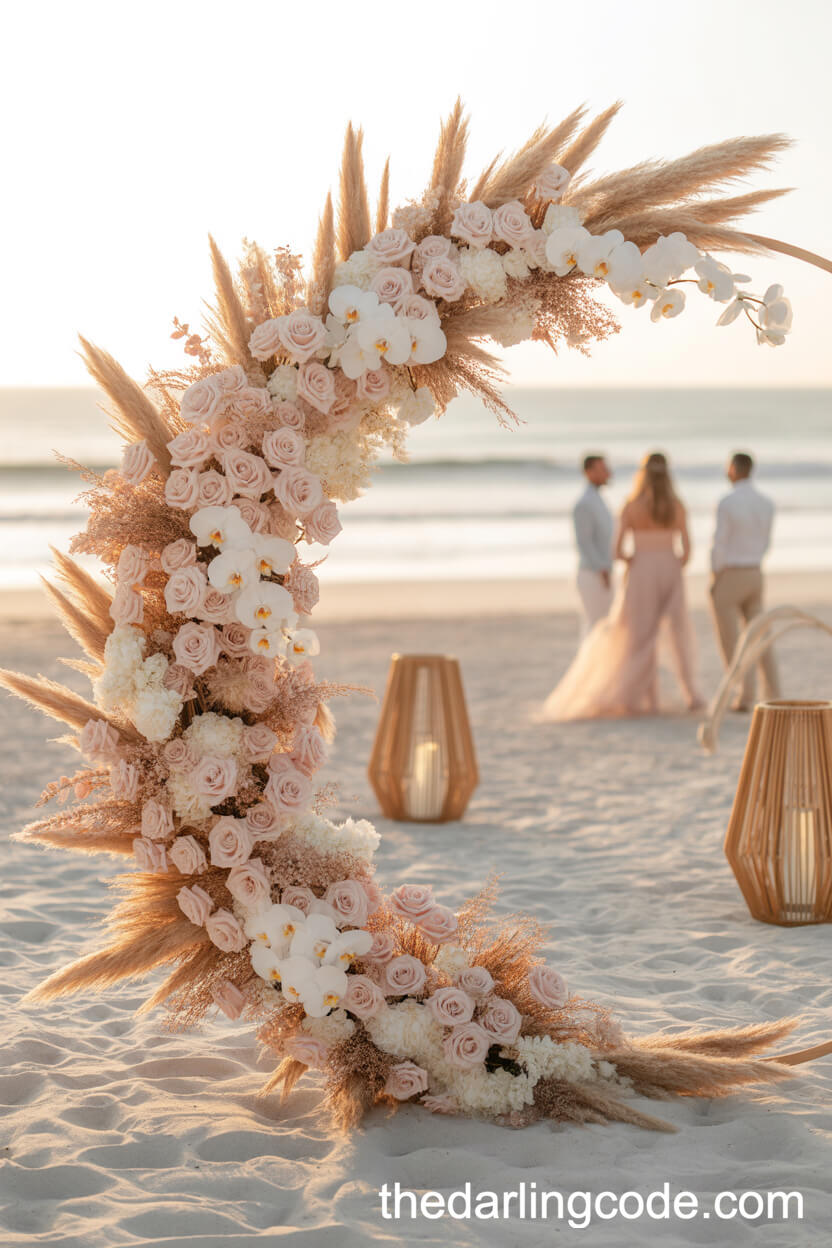 Crescent Beach Arch With Blush Roses And Pampas Grass