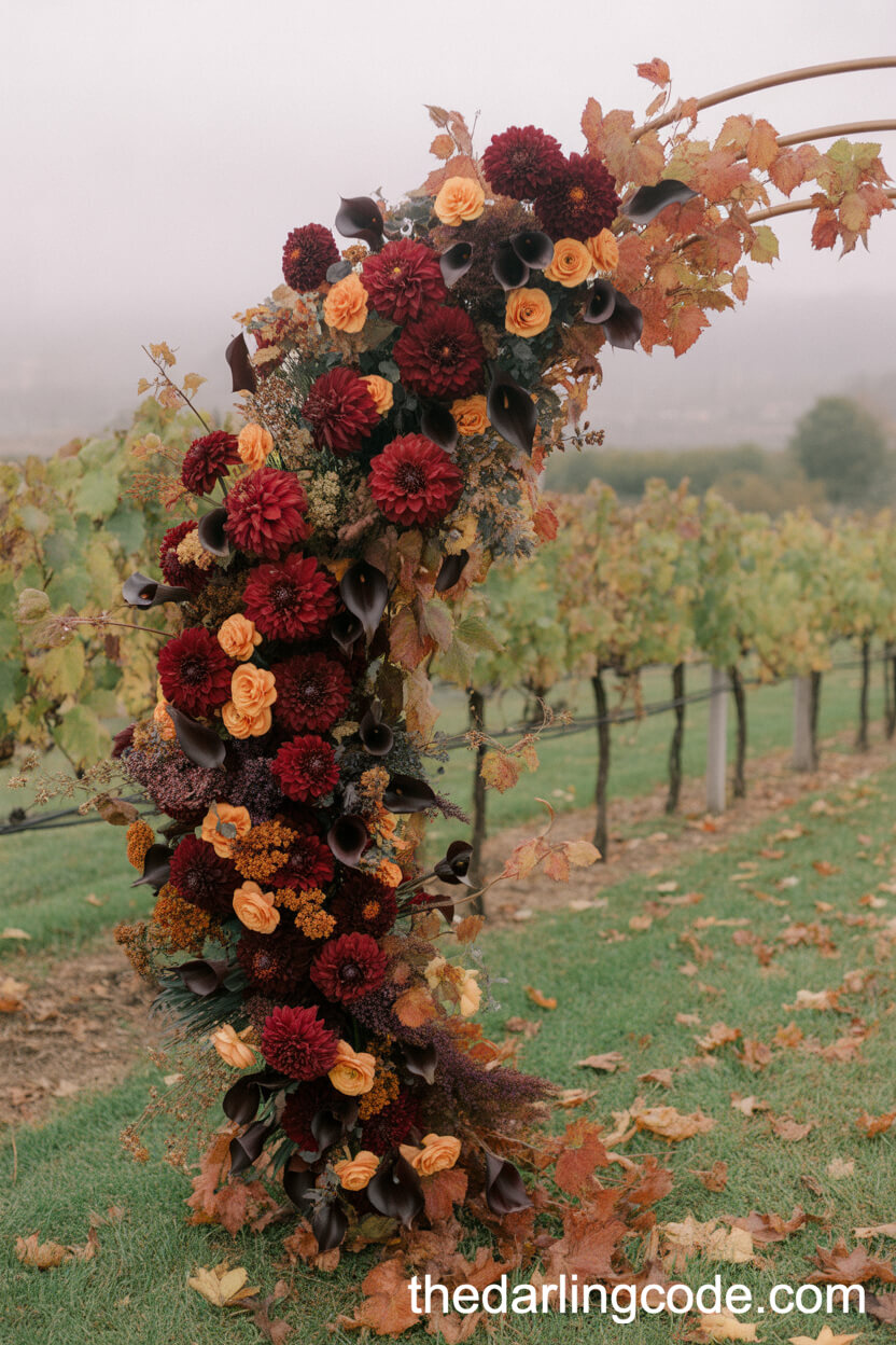 Autumn Vineyard Arch With Rich Burgundy Florals