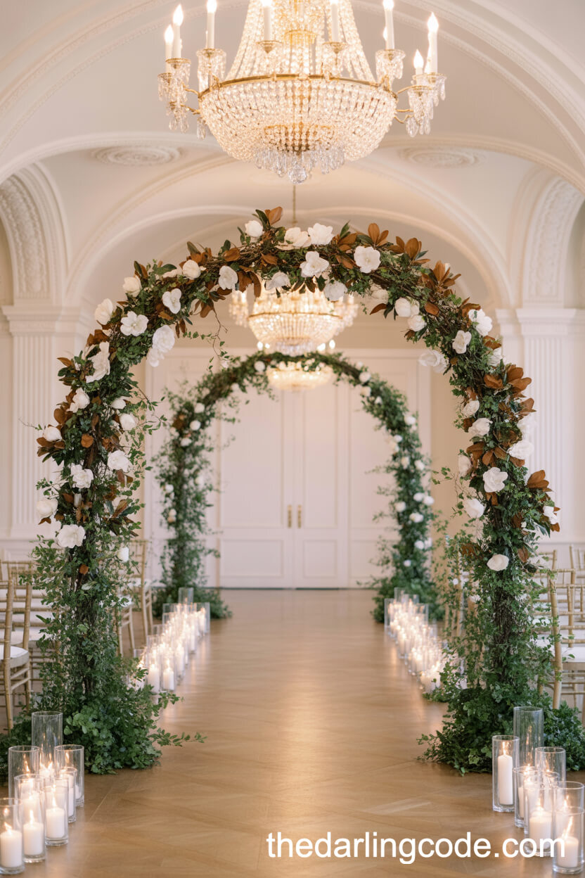 Magnolia And Greenery Arch In A Luxe Ballroom