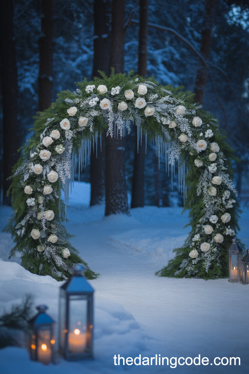 Pine And White Rose Winter Arch In A Snowy Forest