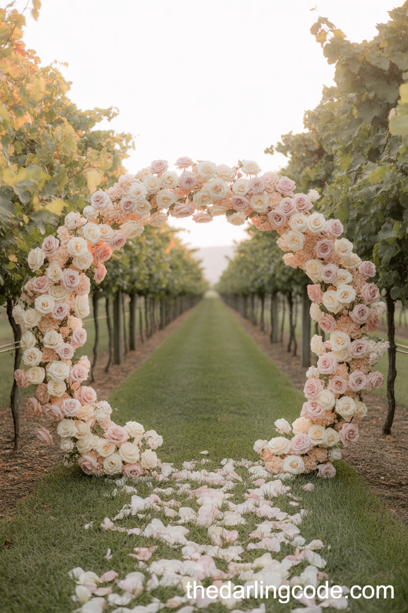 Blush And Ivory Round Arch In A Vineyard Setting