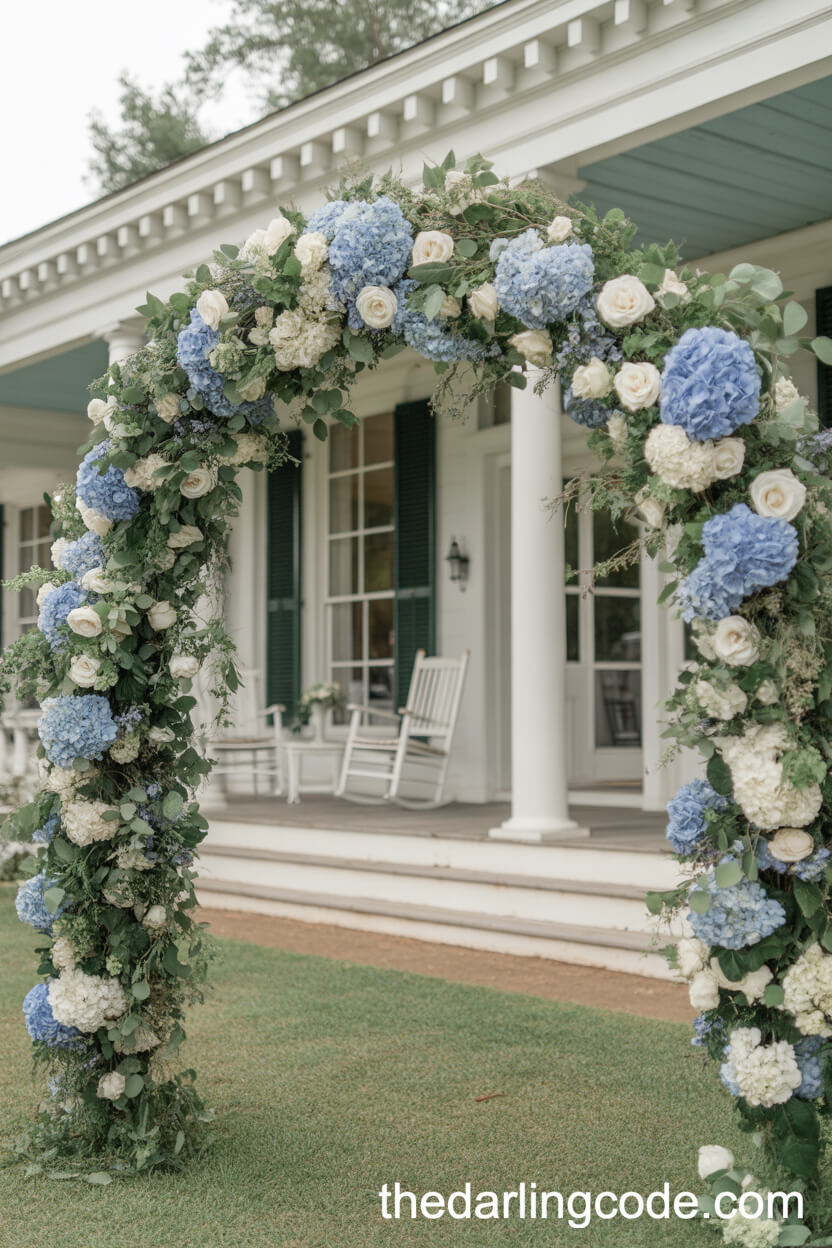 Blue And White Hydrangea Arch At A Southern Mansion