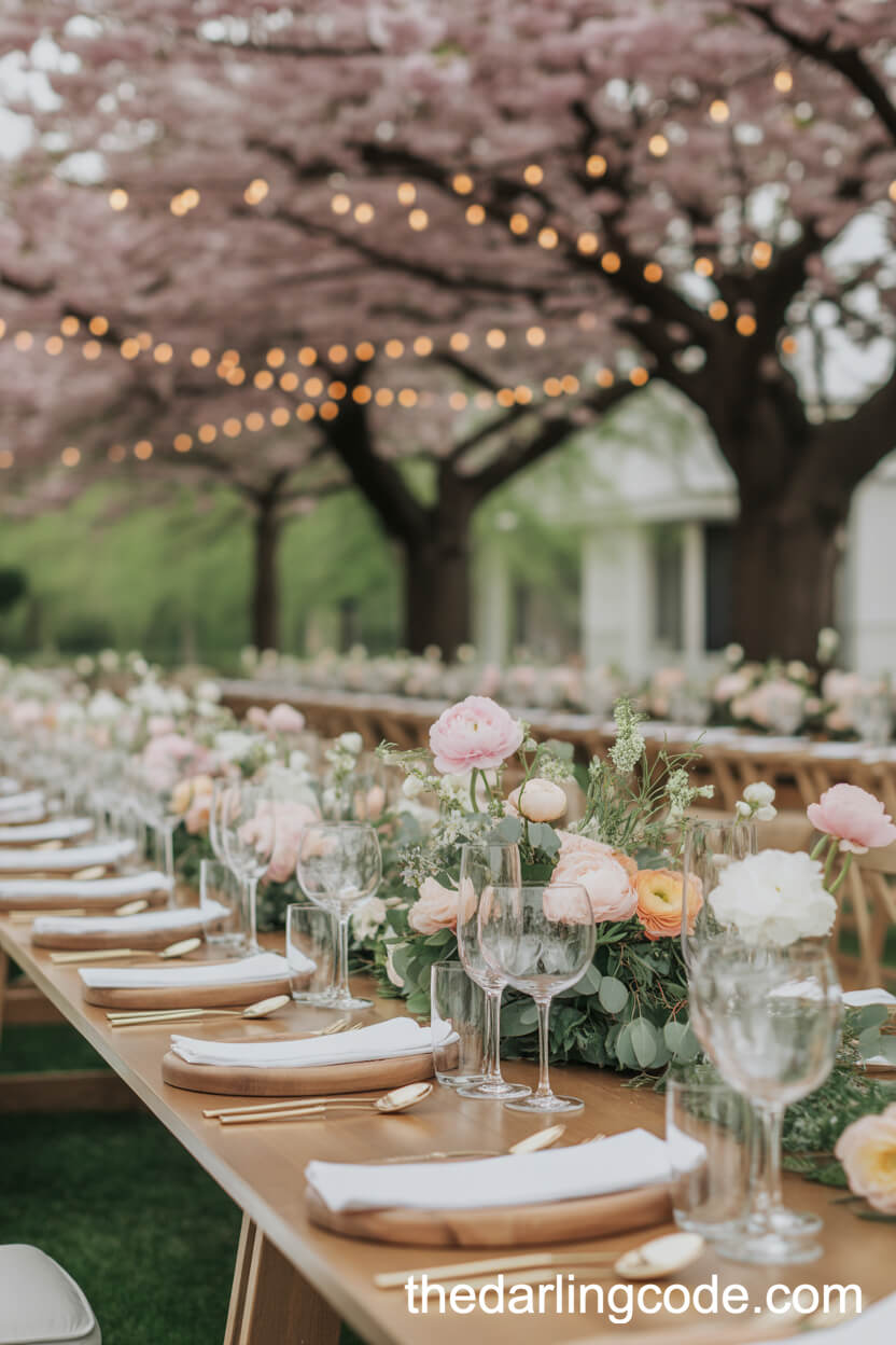 Pastel Peony And Ranunculus Centerpieces Under Blooming Cherry Blossoms