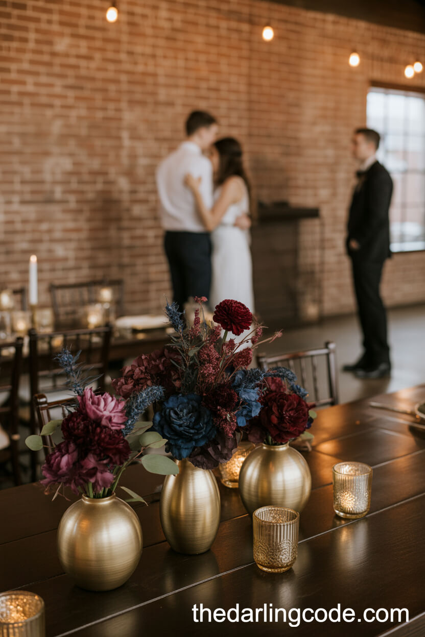 Jewel-Toned Flower Centerpieces In Brushed Gold Vases