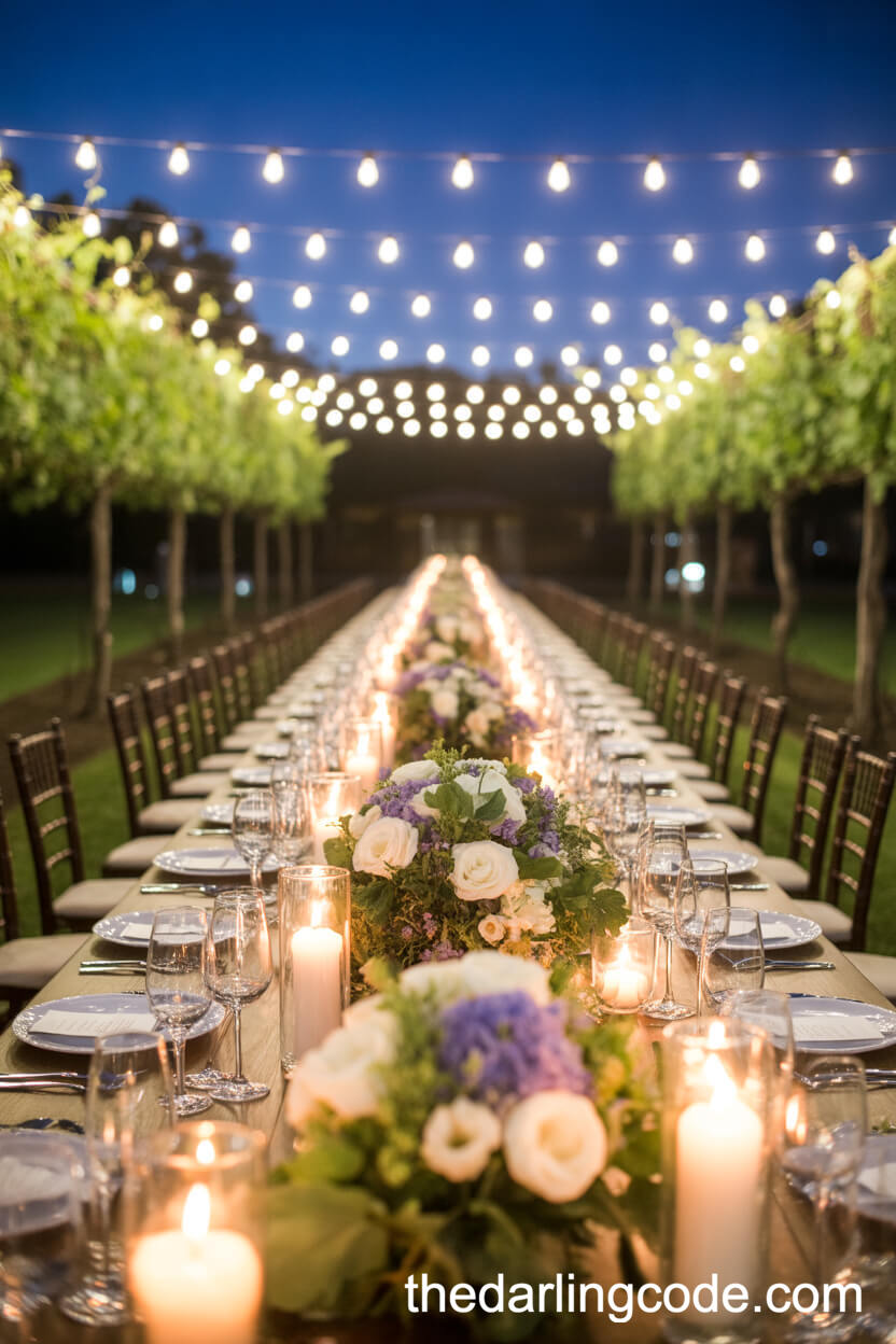 Vineyard-Inspired Grape Vine And Purple Floral Centerpieces Surrounded By Candlelight