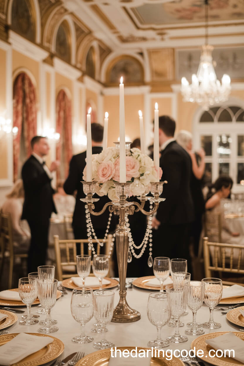 Tall Crystal Candelabra Centerpieces With Cascading Roses And Pearls