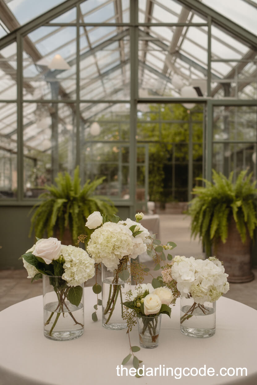 Airy Hydrangea And Garden Rose Centerpieces In A Sunlit Greenhouse