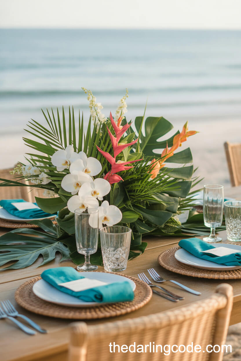 Tropical Palm Leaf And Orchid Centerpieces For A High-End Outdoor Reception