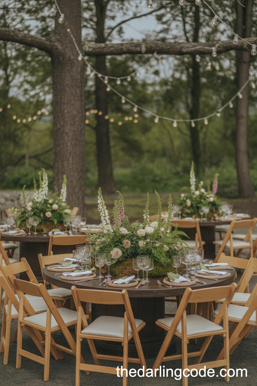 Woodland Moss And Fern Centerpieces With Cream Roses In A Forest Setting