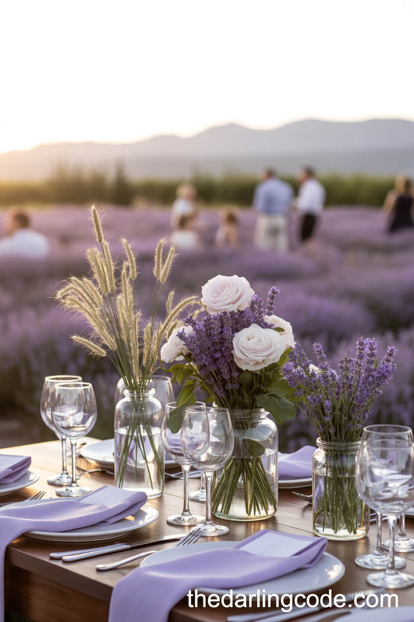 Fresh Lavender And Wild Grass Centerpieces In A Blooming Field At Sunset