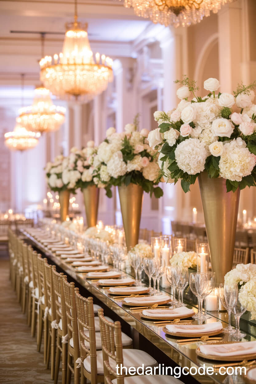Majestic White Hydrangea And Peony Centerpieces In Gold Vases