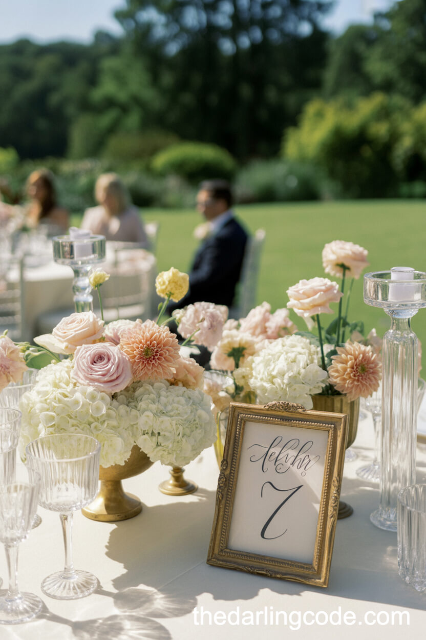 Lush Rose And Dahlia Centerpieces In Gold Vases For A Sunlit Garden Wedding