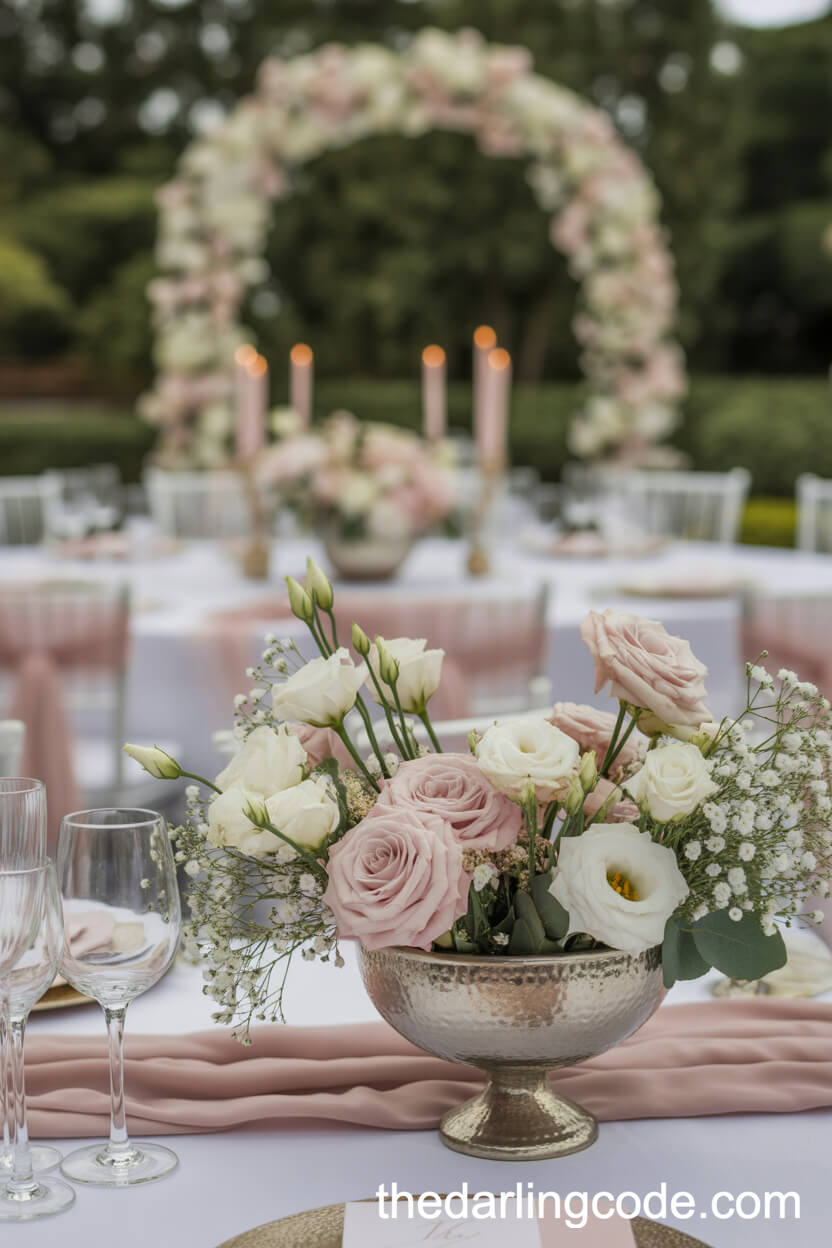Blush Pink And Ivory Rose Centerpieces With Elegant Silver Bowls