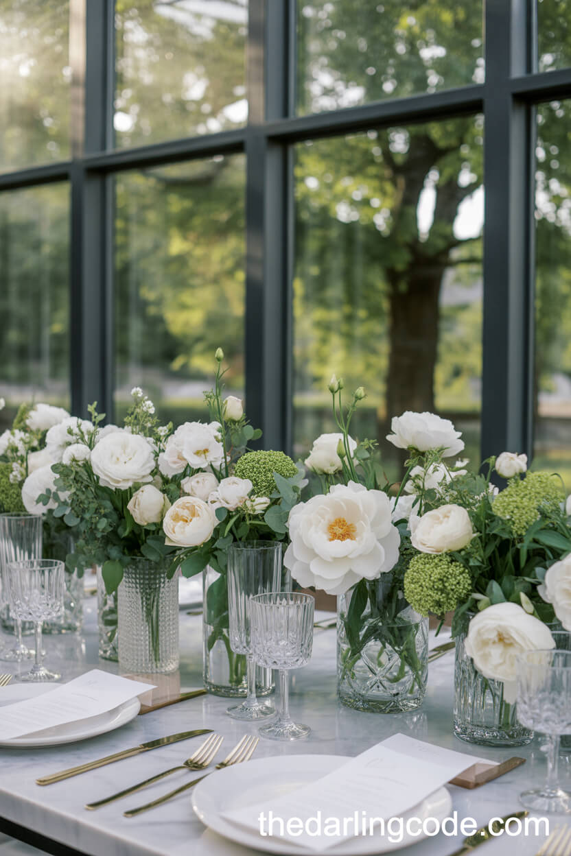 Classic White Peony And Garden Rose Centerpieces In A Glass-Walled Conservatory