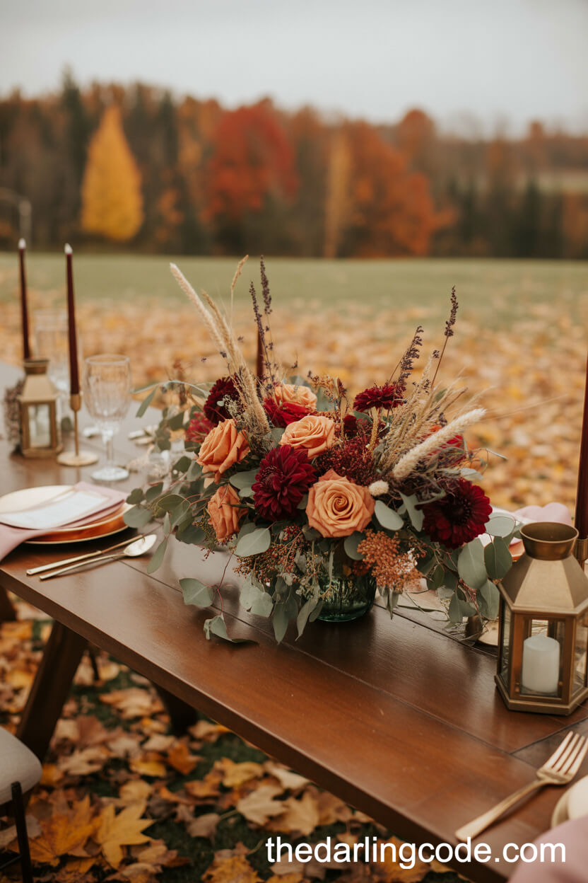 Autumnal Centerpieces With Burgundy Dahlias, Orange Roses, And Dried Wheat