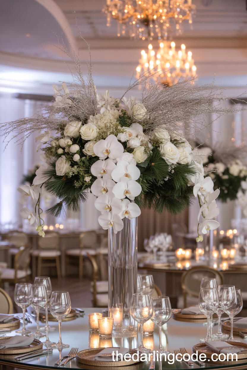 Elegant White Orchid And Silver Branch Centerpieces For A Winter Ballroom