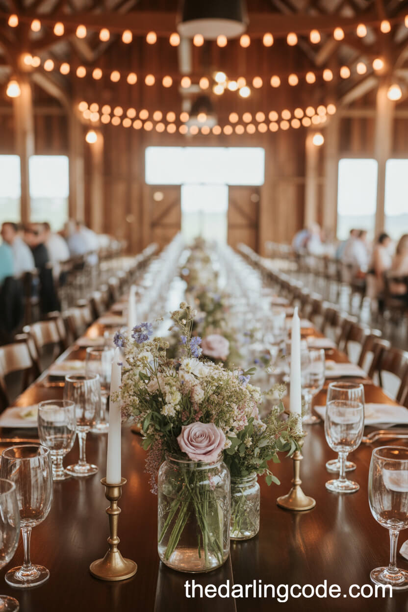 Wildflower And Rose Centerpieces In Mason Jars At A Rustic Barn Wedding