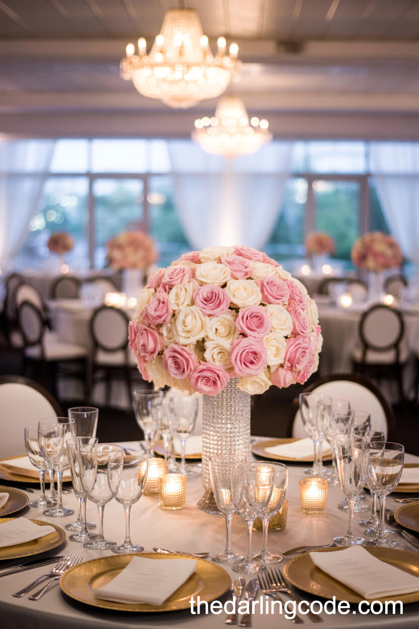 Grand Pink And Cream Rose Centerpieces In Crystal Vases