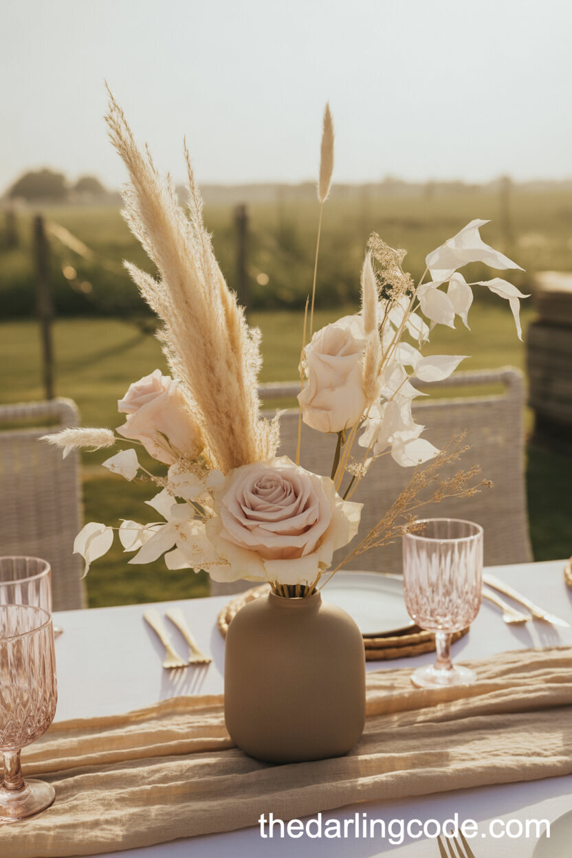Bohemian Pampas Grass And Blush Rose Centerpieces In Taupe Vessels