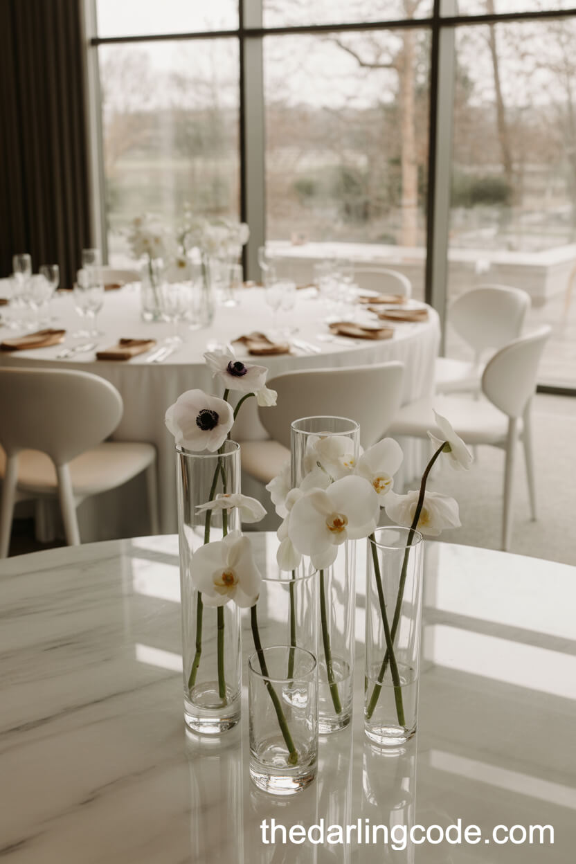 Minimalist White Orchid And Anemone Centerpieces In Sleek Glass Cylinders
