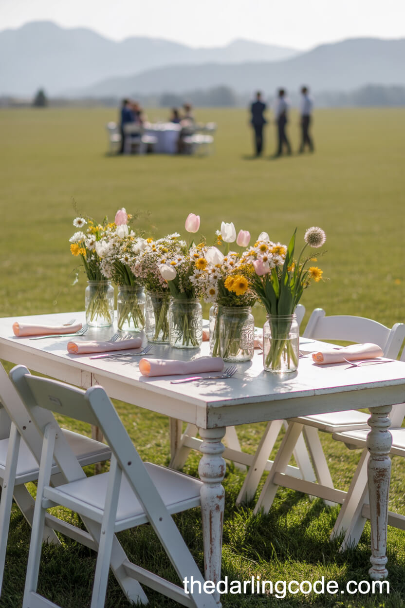 Spring Wildflower Centerpieces with Tulips, Daisies, and Clover in Mason Jars