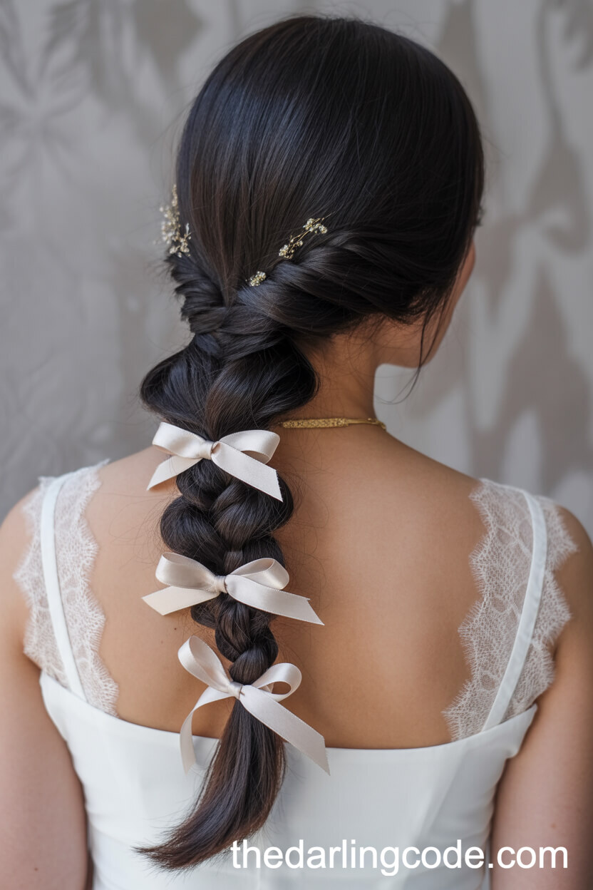 Loose Low Braided Ponytail With Ribbons