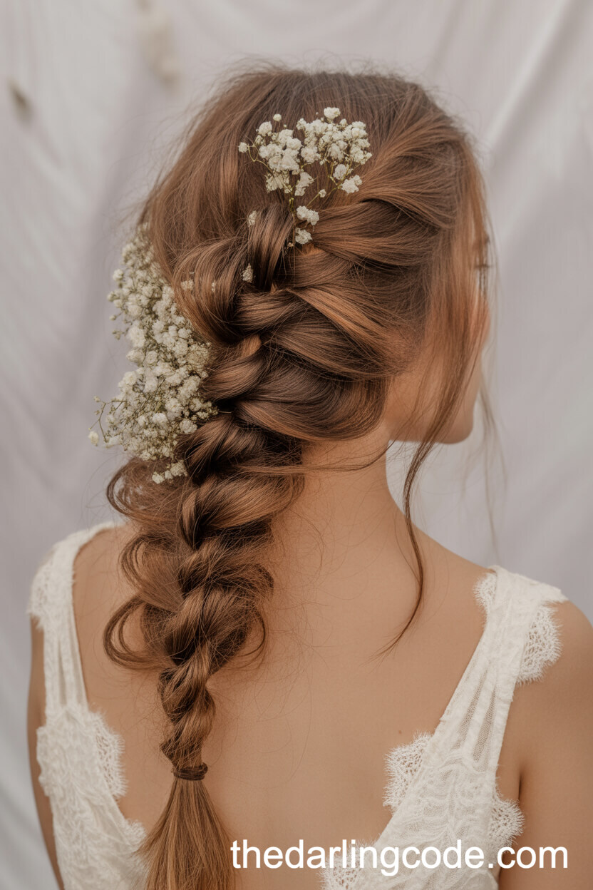 Messy Fishtail Braid With Baby’s Breath