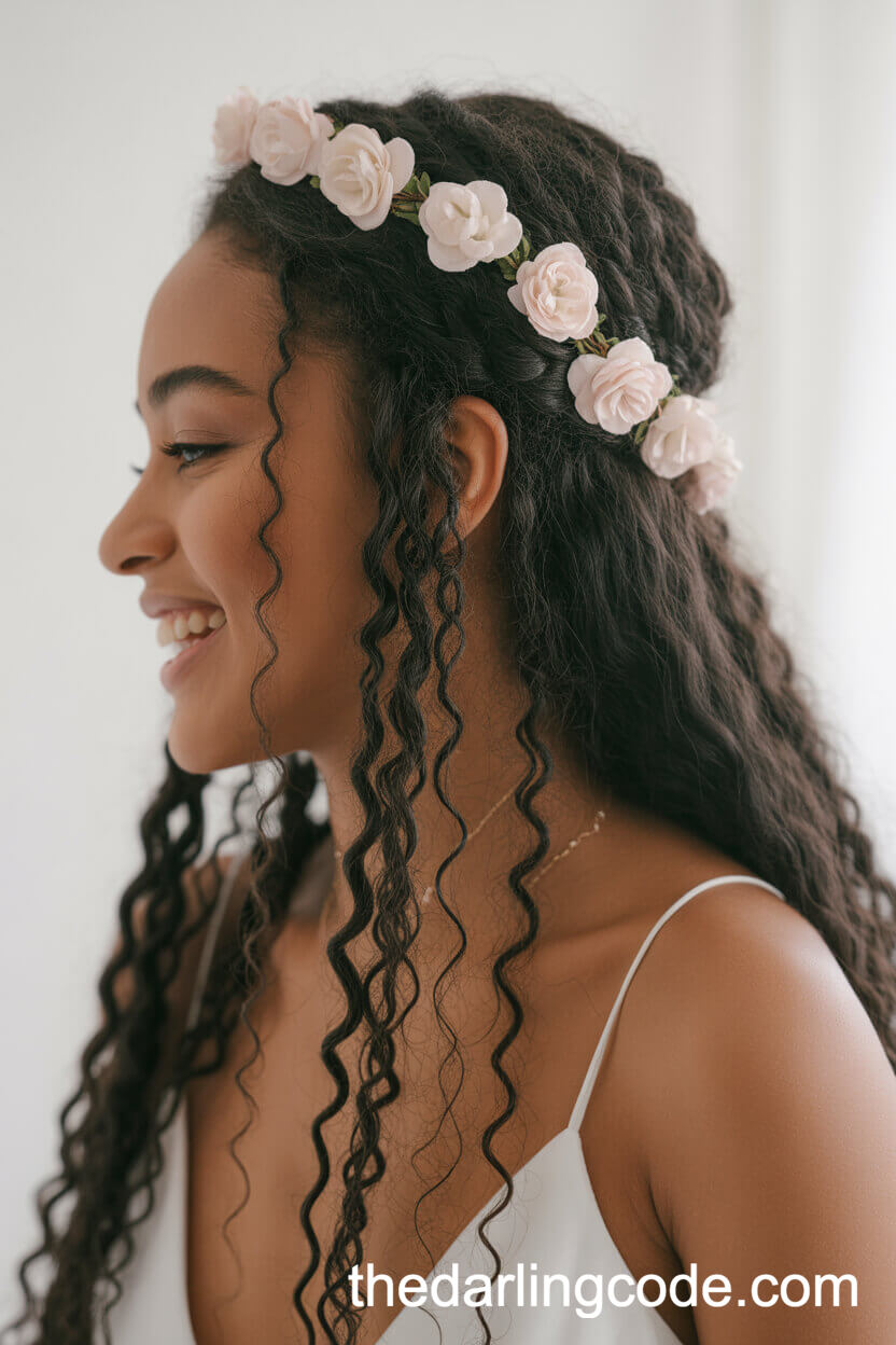Half-Up With Blush Silk Flowers And Natural Texture