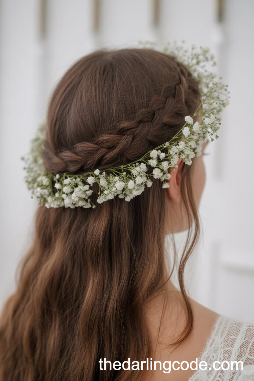 Braided Half-Up With Baby’s Breath Flowers